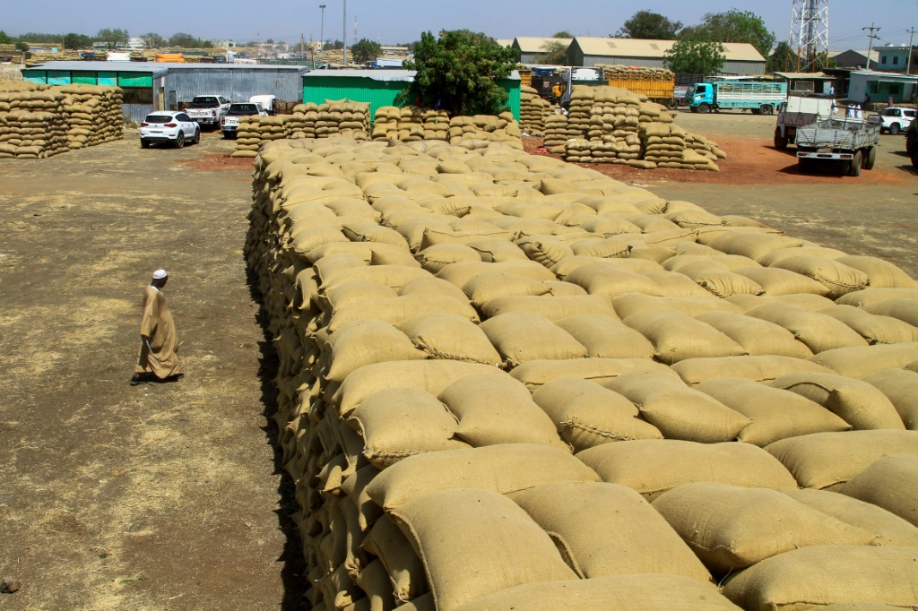 حبوب مكدسة في سوق في القضارف في شرق السودان في 22 شباط/فبراير 2024 (أ ف ب)   
