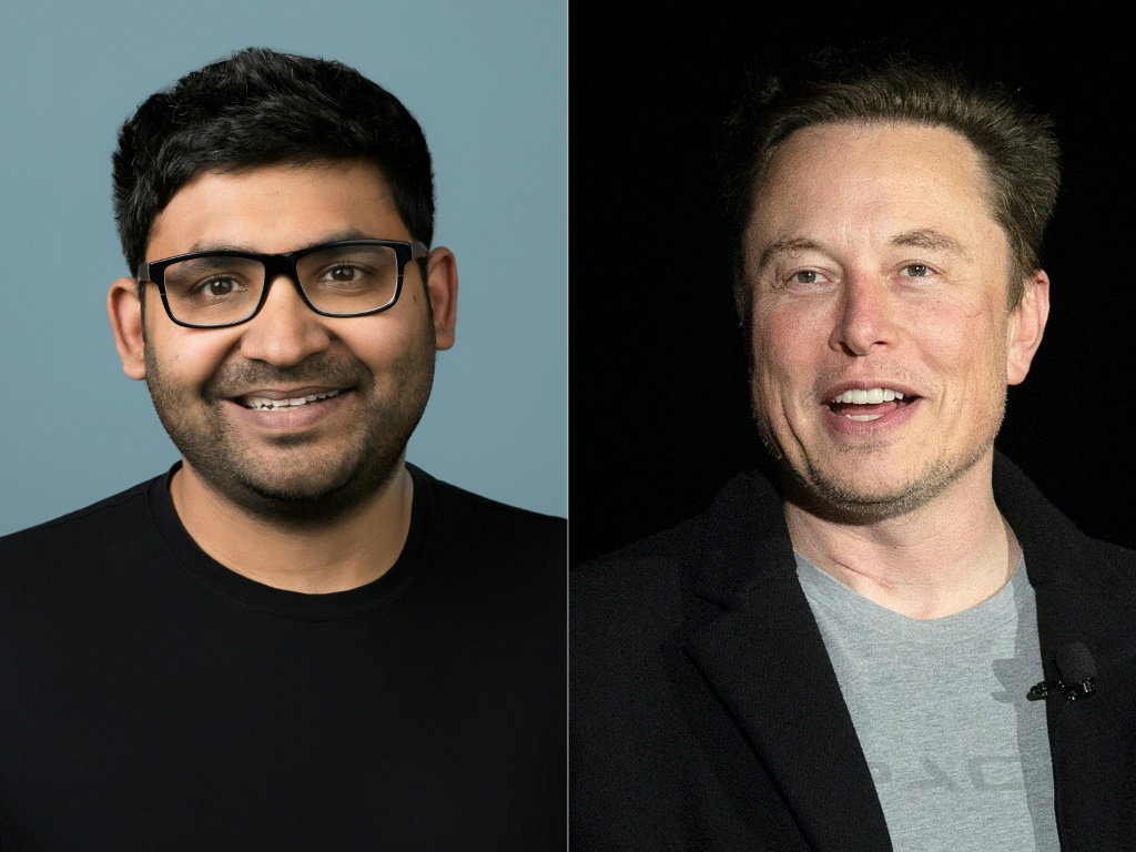 الرئيس التنفيذي السابق لشركة Twitter Parag Agrawal (يسار) هو من بين أولئك الذين يقاضون المالك الجديد Elon Musk (يمين) (ا ف ب)