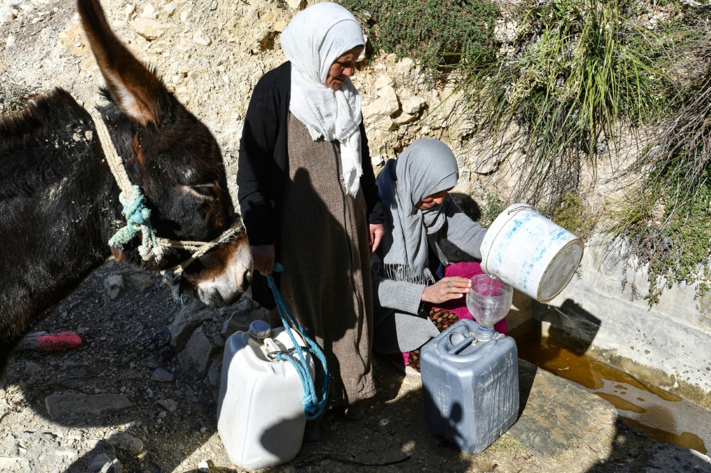 تونسيات يملأن أوعية بلاستيكية بالمياه من نهر في قرية أولاد عمر على بعد 180 كيلومترًا جنوب غرب العاصمة تونس، في 28 تشرين الثاني/نوفمبر 2023. تواجه الدولة الواقعة في شمال إفريقيا أسوأ ندرة في المياه منذ سنوات مع دخولها عامها الرابع من الجفاف (أ ف ب)   