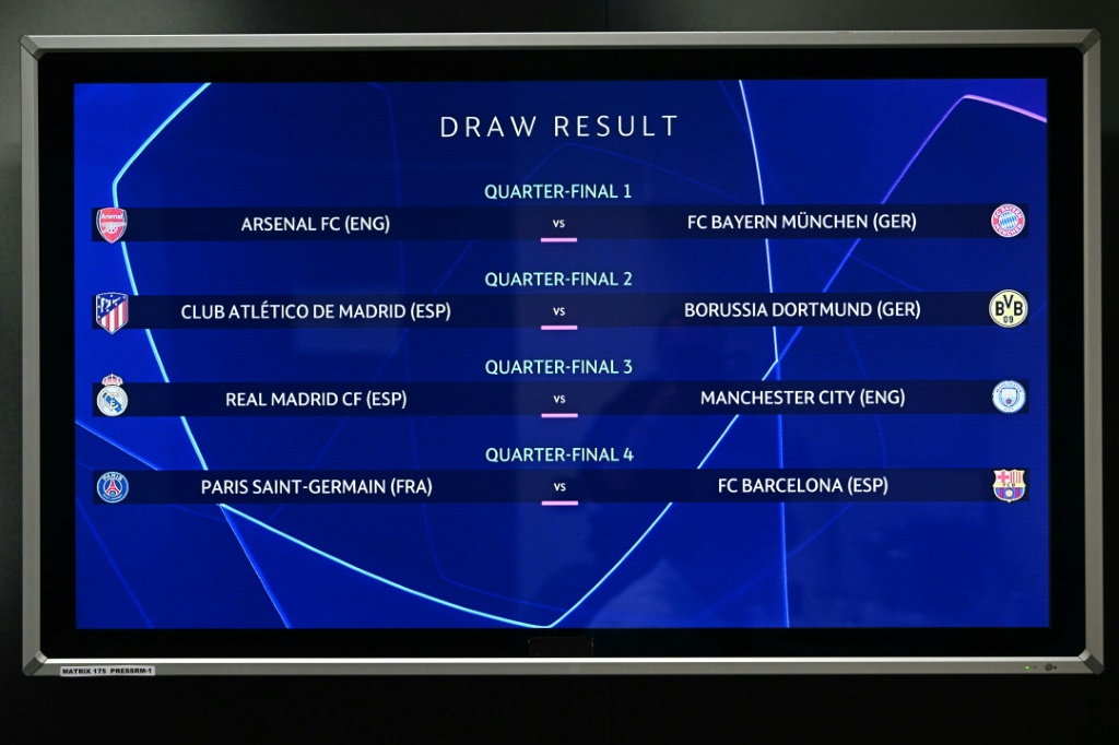 لقطة شاشة تظهر عليها نتائج قرعة الدور ربع النهائي لمسابقة دوري أبطال أوروبا في كرة القدم. نيون، سويسرا، في 15 آذار/مارس 2024. (ا ف ب)