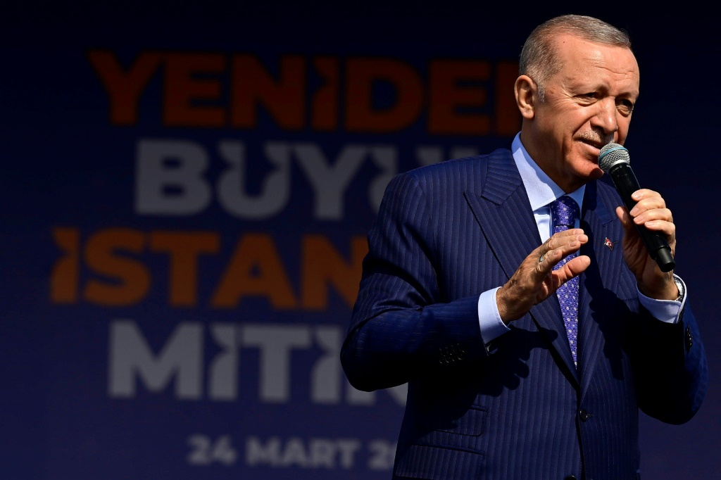 الرئيس التركي رجب طيب إردوغان خلال لقاء في اسطنبول في 24 آذار/مارس 2024 (ا ف ب)