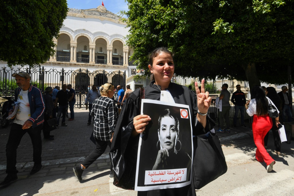 محامون يحملون لافتات يتجمعون أمام محكمة تونس في 13 مايو 2024 (أ ف ب)   