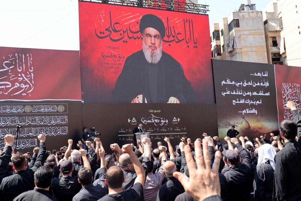 الأمين العام لحزب الله حسن نصر الله، في كلمة له في ذكرى العاشر من محرم 9 آب / أغسطس 2022 (أ ف ب)