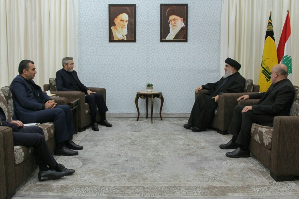 الأمين العام لحزب الله اللبناني حسن نصرالله مستقبلاً وزير الخارجية الإيراني بالوكالة علي باقري في صورة موزعة في الرابع من حزيران/يونيو 2024 (أ ف ب)   