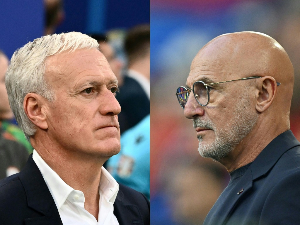 مدرب منتخب فرنسا ديدييه ديشان (يسار) ومدرب إسبانيا لويس دي لا فوينتي (ا ف ب)