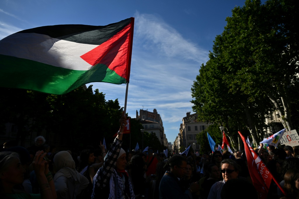متظاهر يلوح بالعلم الفلسطيني خلال تظاهرة ضد اليمين الفرنسي المتطرف في مرسيليا، بجنوب فرنسا، في 10 حزيران/يونيو 2024 (أ ف ب)   