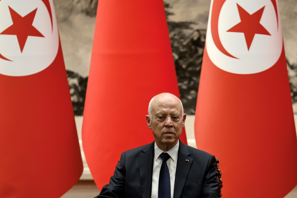 الرئيس التونسي قيس سعيّد خلال حفل توقيع مع الرئيس الصيني في قاعة الشعب الكبرى في بكين في 31 أيار/مايو 2024 (أ ف ب)   