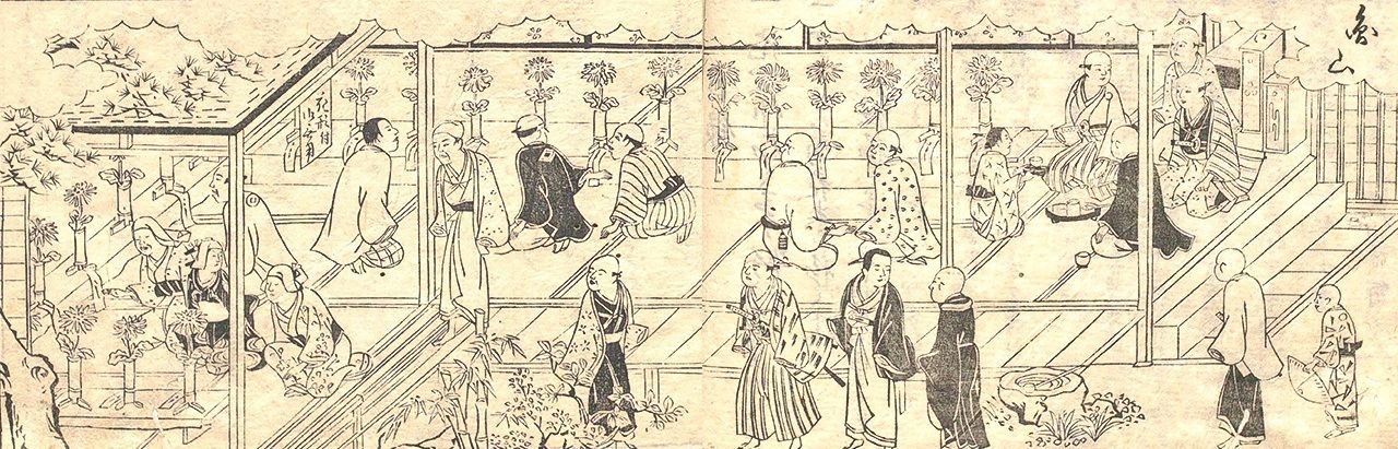 أشخاص يستمتعون بمعرض للأزهار في مطبوعة من ”مجموعة عروض لأزهار أقحوان مستزرعة“، نُشرت في عام 1715. (بإذن من المعهد القومي للأدب الياباني)