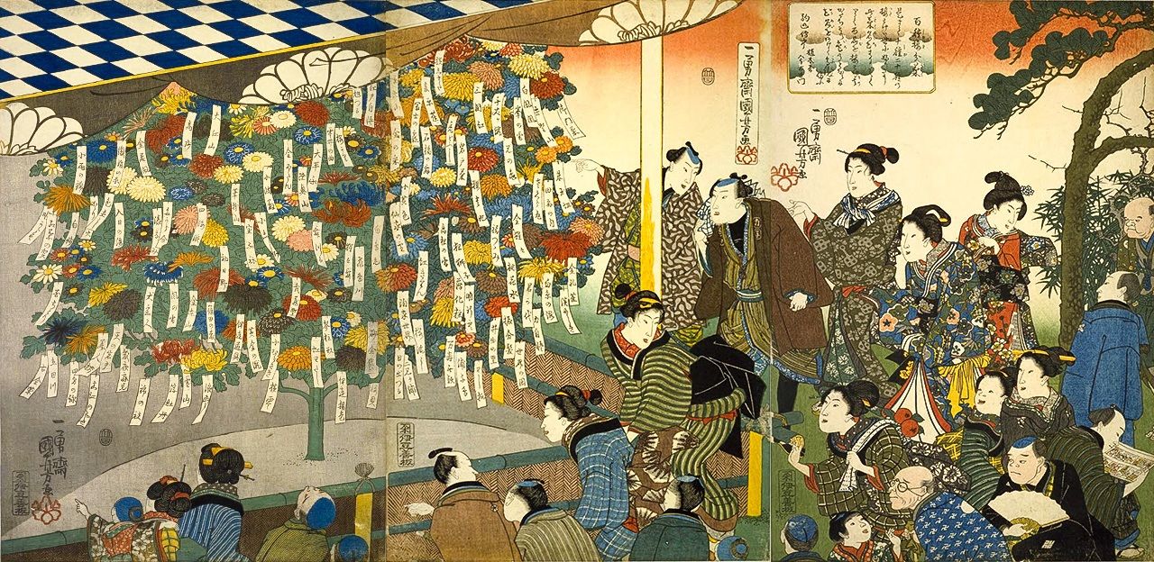 عشاق أزهار الأقحوان يتوافدون لرؤية عرض لمجموعة أزهار مستزرعة على شكل شجرة من تصميم البستاني الشهير إيمايمون، كما هو موضح في مطبوعة ”مشاهدة الأقحوان: 100 نوع مطعمة على نبات واحد“ للفنان أوتاغاوا كونييوشي.(بإذن من مكتبة البرلمان القومية)