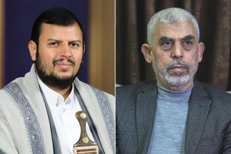 رئيس حركة حماس يحيى السنوار (يمين) وزعيم جماعة أنصار الله عبد الملك الحوثي (وكالات)