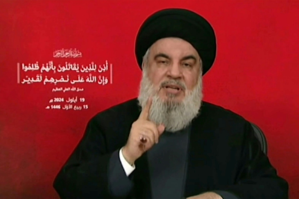    صورة للأمين العام لحزب الله حسن نصرالله مأخوذة عن تلفزيون المنار في 19 أيلول/سبتمبر 2024 (أ ف ب)   