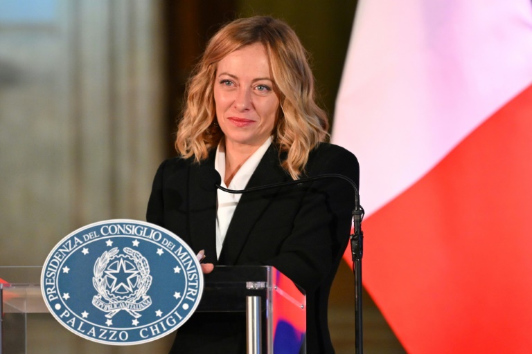 رئيسة الوزراء الايطالية جورجيا ميلوني خلال مؤتمر صحافي في روما في 10 تشرين الأول/اكتوبر 2024(أ ف ب)