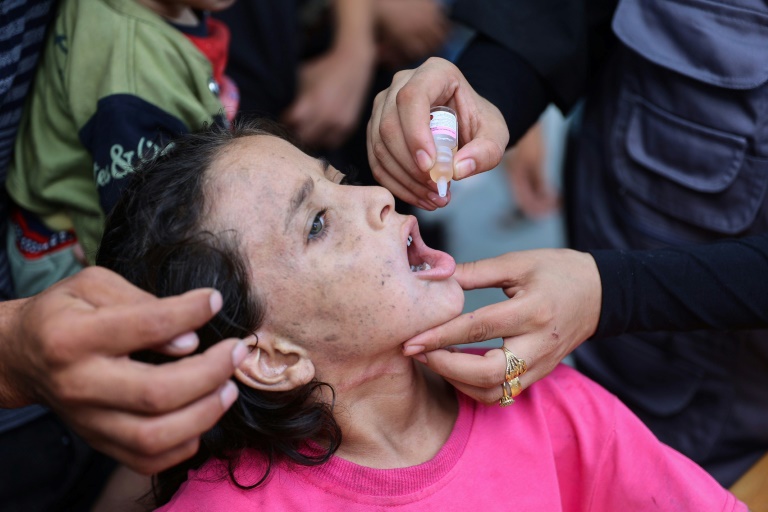طفلة تتلقى جرعة تلقيح ضد شلل الأطفال في عيادة بحي الدرج في غزة، في 10 أيلول/سبتمبر 2024 (ا ف ب)