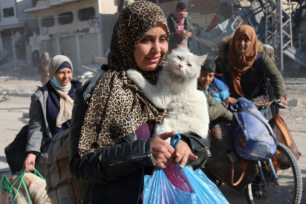 امرأة فلسطينية تحمل قطتها أثناء وصول النازحين من بيت لاهيا إلى جباليا في شمال قطاع غزة في 4 ديسمبر 2024 (أ ف ب)   