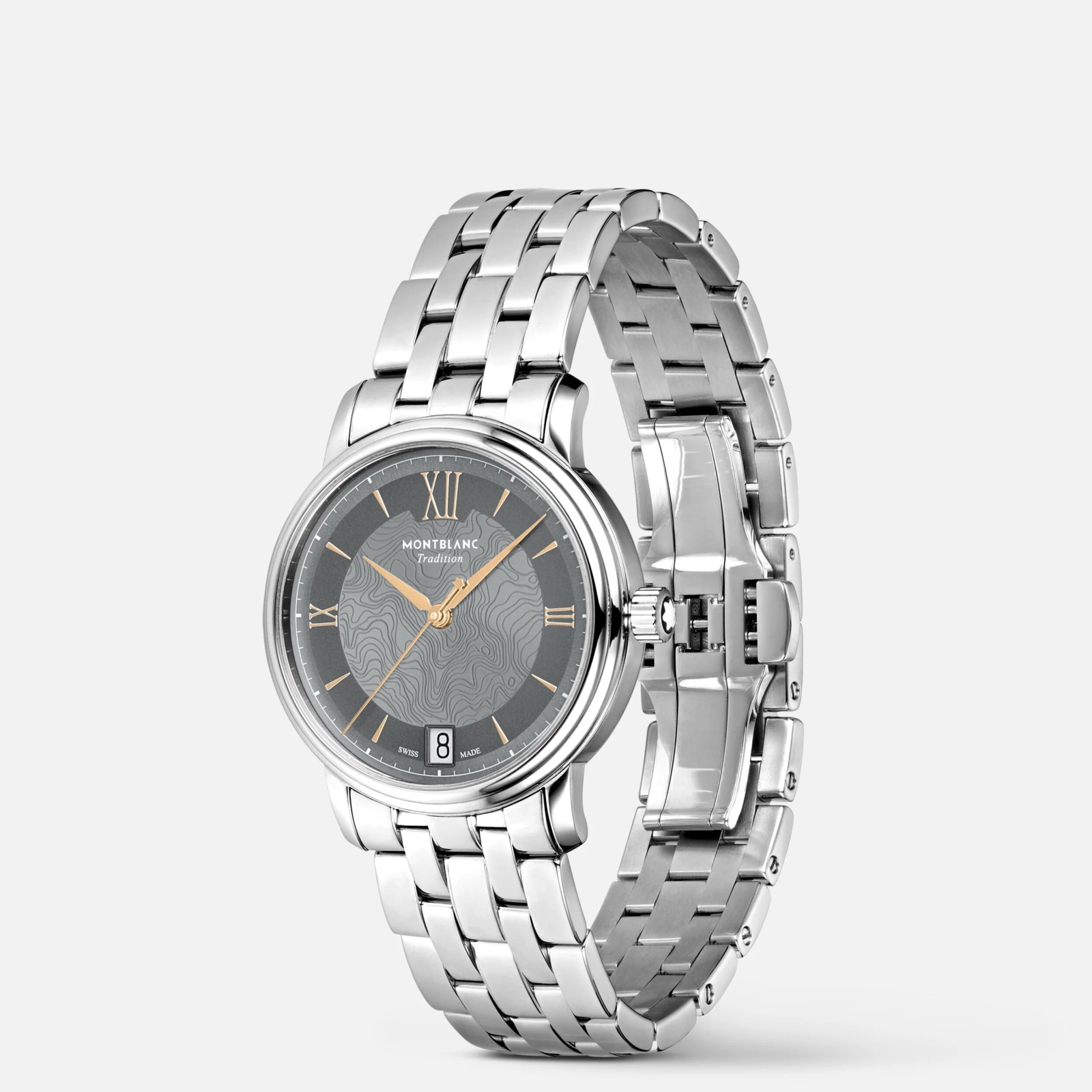 ساعة Tradition Automatic Date الصغيرة من "مون بلان Montblanc" بنقوشات لجبال مون بلان - المصدر: Montblanc