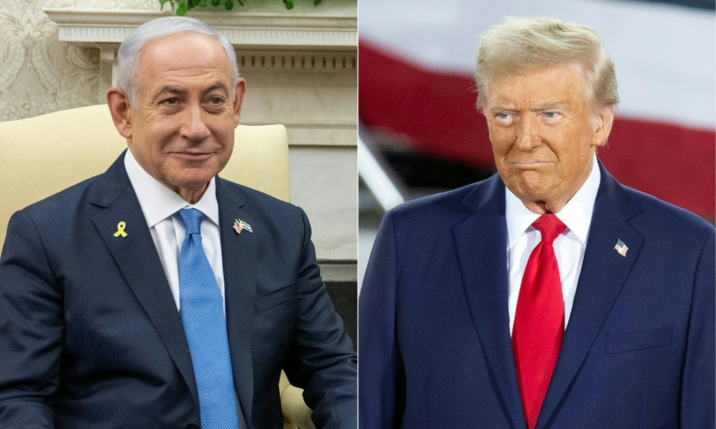    صورة مركبة لرئيس الوزراء الإسرائيلي بنيامين نتانياهو في 25 تموز/يوليو 2024 في البيت الأبيض، والرئيس الأميركي دونالد ترامب في 4 تشرين الثاني/نوفمبر 2024 في كارولاينا الشمالية (أ ف ب)   