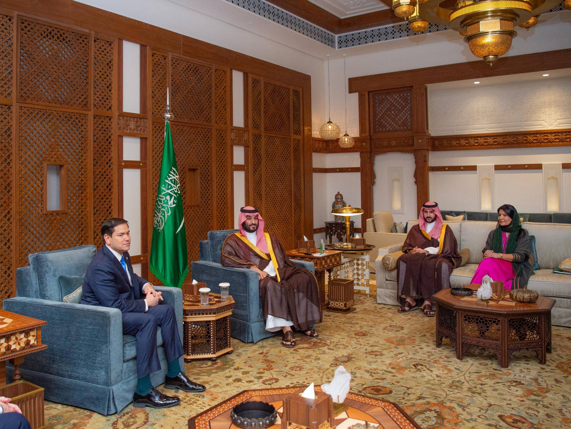 جانب من استقبال الأمير محمد بن سلمان للوزير ماركو روبيو في جدة الاثنين (واس)