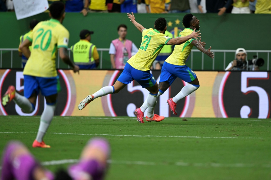 البرازيلي فينيسيوس جونيور (إلى اليمين) يحتفل بهدفه في مرمى كولومبيا في تصفيات أميركا الجنوبية المؤهلة لمونديال 2026 لكرة القدم في برازيليا في 20 آذار/مارس 2025 (أ ف ب)   
