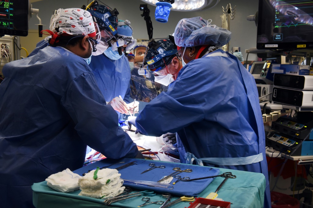جراحون في كلية الطب بجامعة ميريلاند الأميركية يزرعون قلب خنزير في جسم مريض في السابع من كانون الثاني/يناير 2022 في بالتيمور (أ ف ب)   