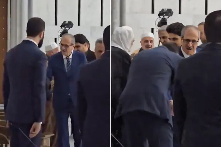الرئيس السوري أحمد الشرع خلال تقبيل يد والده اليوم (مواقع التواصل الاجتماعي)