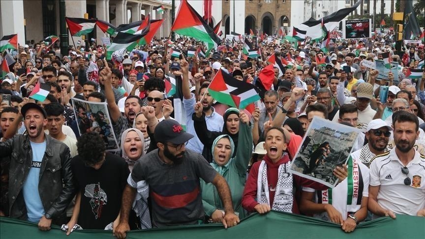 ردد المحتجون شعارات تطالب بحماية المدنيين بفلسطين، ومنع إسرائيل من مواصلة استهدافهم (الاناضول)