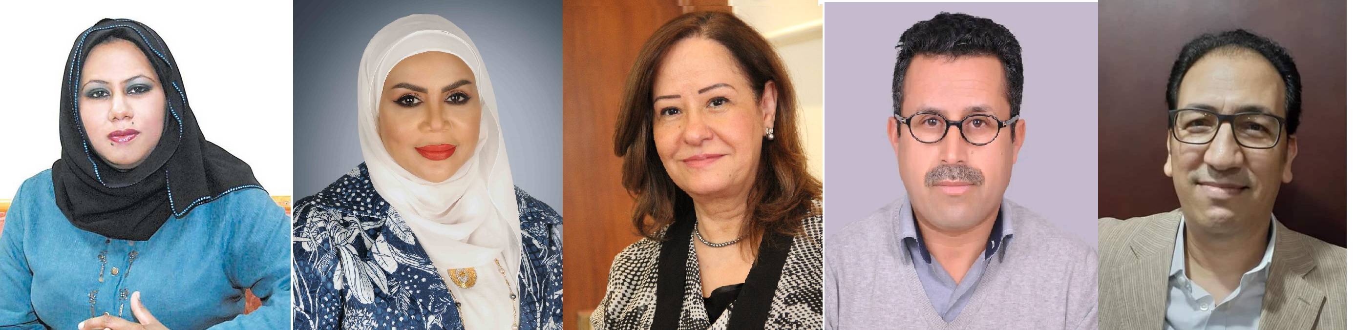 أعضاء لجنة التحكيم للدورة الثامنة من اليمين: الأستاذ الدكتور محمد الشحّات (رئيساً) وعضوية كل من الدكتور عبد الرحمن التمارة والروائية والقاصة سميحة خريس والدكتورة عائشة الدرمكي والقاصّة استبرق أحمد