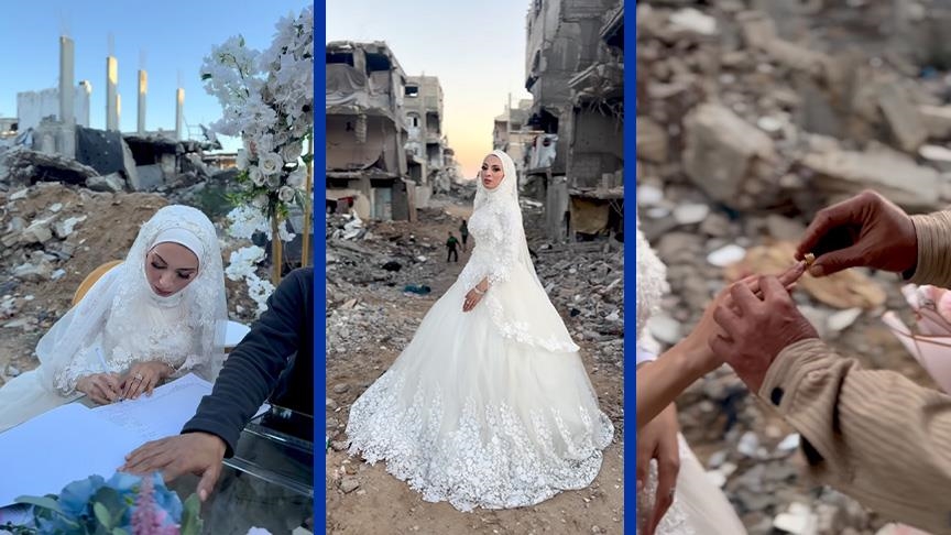 الإبادة فرقتهما.. فلسطينية تعقد قرانها فوق أنقاض غزة وتنتظر العريس (الأناضول)