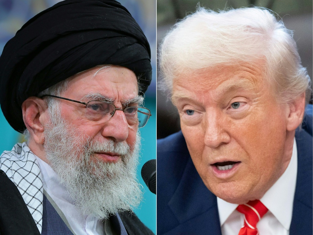 صورتان متلاصقتان للرئيس الأميركي دونالد ترامب (يمين) والمرشد الأعلى الإيراني علي خامنئي (ا ف ب)