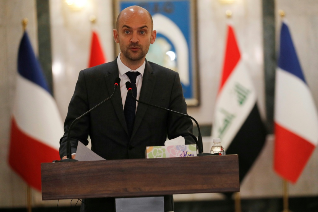 وزير الخارجية الفرنسي جان-نويل بارو متحدثا في 5 شباط/فبراير 2026 خلال مؤتمر صحافي في بغداد، المحطة الثانية من جولة شرق أوسطية بدأها من دمشق (ا ف ب)