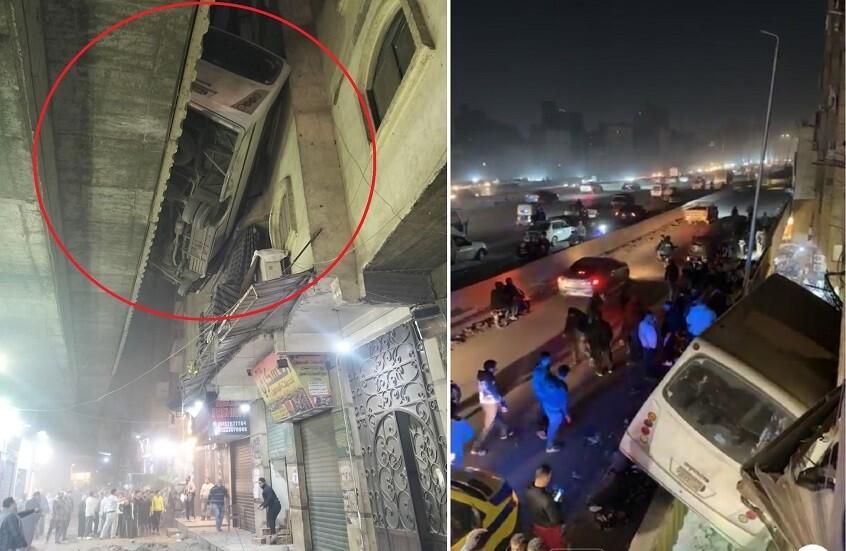 لحظات مرعبة.. حافلة ركاب مصرية معلقة في الهواء بعد انحرافها أعلى كوبري (متداول على مواقع التواصل الاجتماعي)