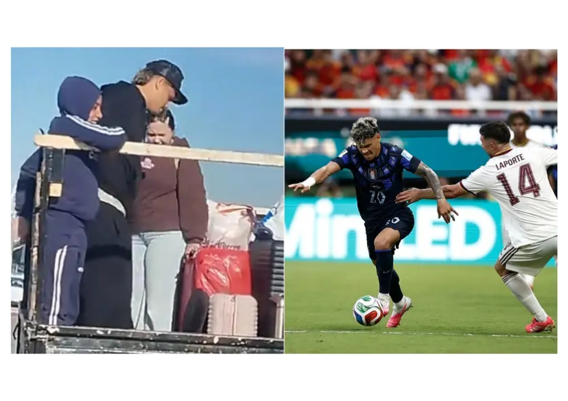 أراخو على اليمين خلال مباراة إسبانيا.. وعلى اليسار مع عائلته بعد مغادرة المطار (مواقع التواصل)