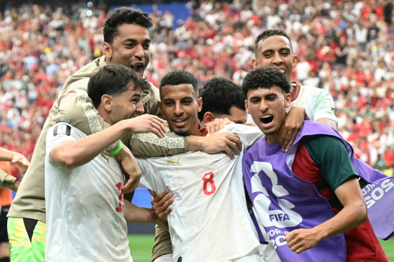 لاعبو المنتخب المغربي يحتفلون بالهدف الثاني في مرمى كندا (3-0) في ثمن نهائي مونديال أميركا الشمالية في هيوستن في الرابع من تموز/يوليو 2026 (أ ف ب)