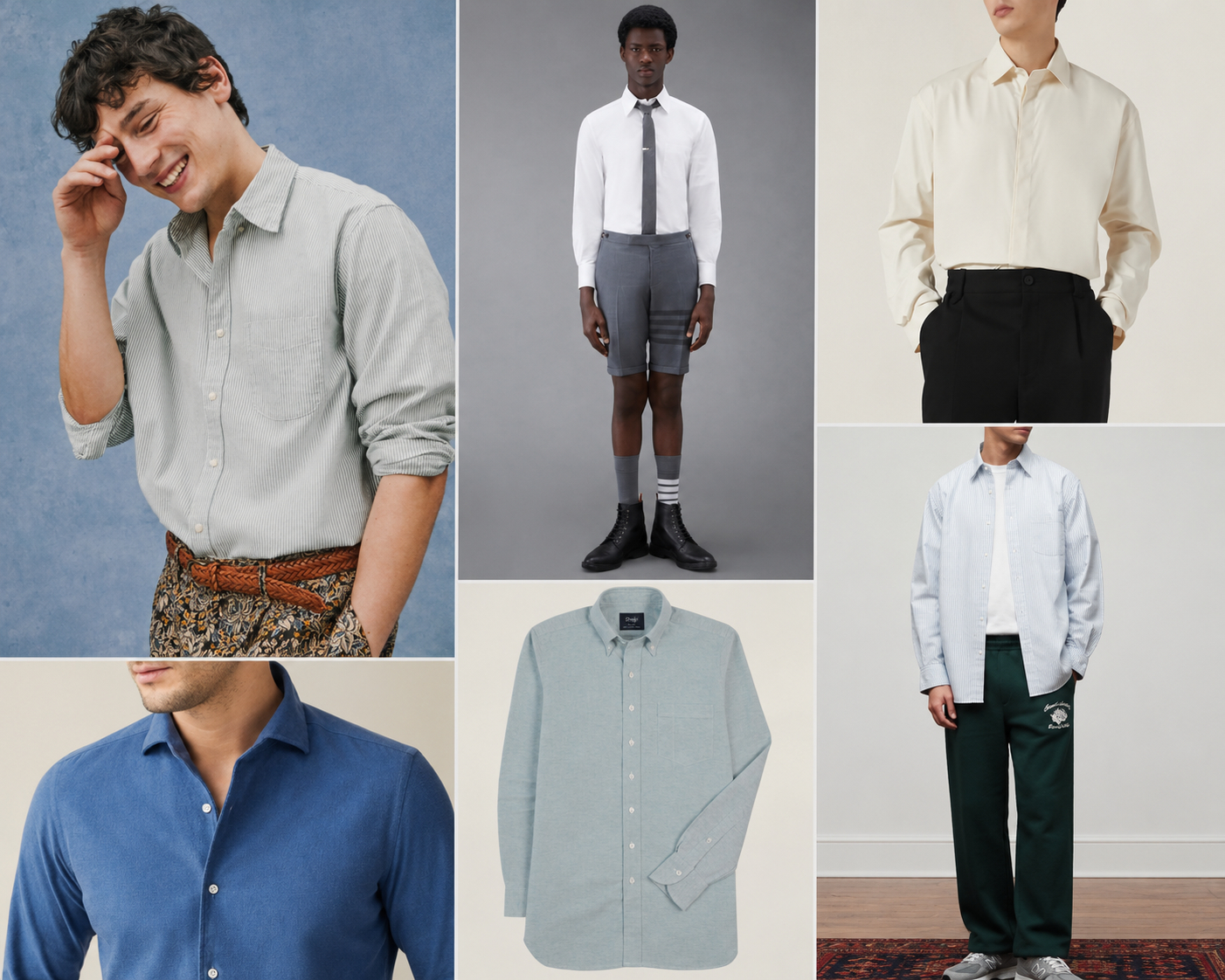 قميص الأوكسفورد كما تراه أبرز العلامات العالمية؛ من Jacquemus وThom Browne إلى Drake's وAim&eacute; Leon Dore وJ.Crew. - المصدر: AI